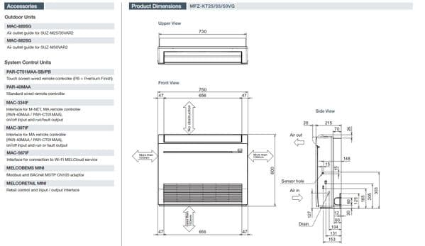 Mitsubishi Electric Air Conditioning Heat Pump Inverter MFZ-KT50VG Floor 5Kw/17000Btu Install Kit